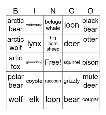 Canada Wildlife Bingo Card