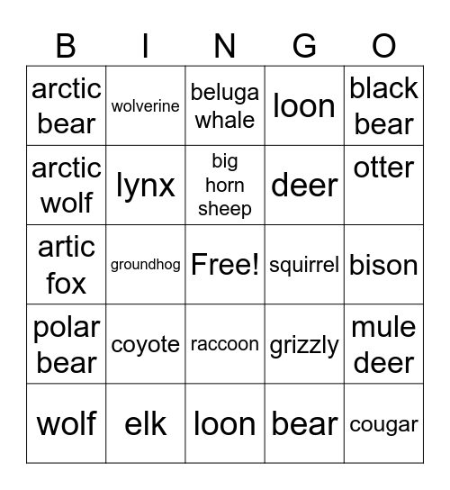 Canada Wildlife Bingo Card