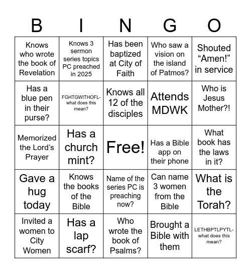 Christian Women event Bingo Card