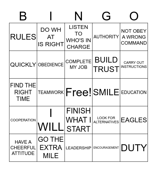 OBEDIENCE  Bingo Card