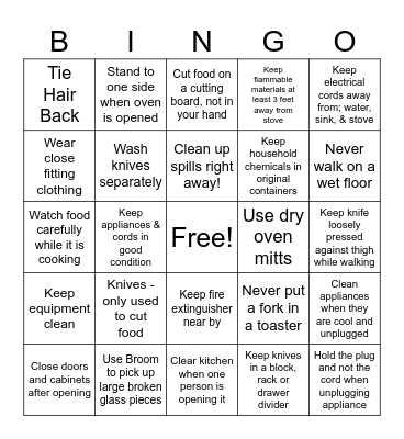 Kitchen Safety Bingo!! Bingo Card