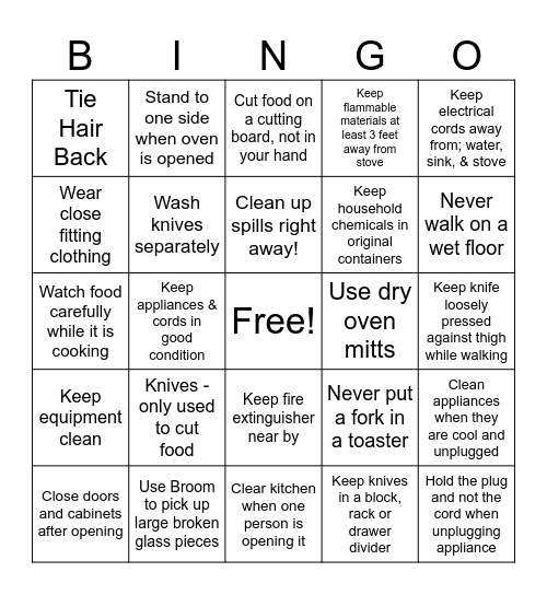 Kitchen Safety Bingo!! Bingo Card