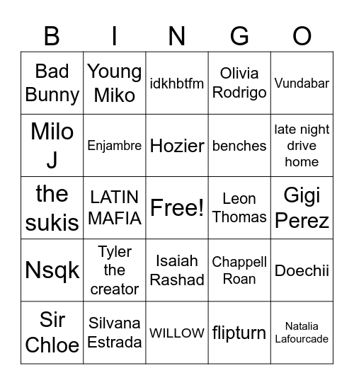 Áster's music taste Bingo Card