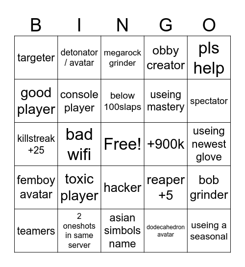 Slap Battles  Bingo Card