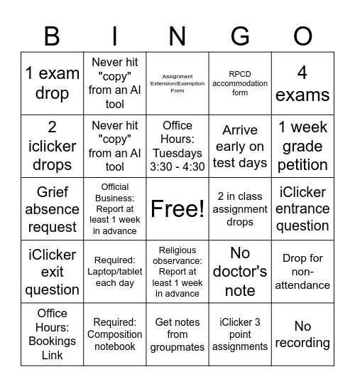 ISP 203B Bingo Card