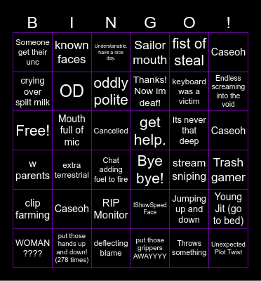 STREAMER RAGE BINGO Card