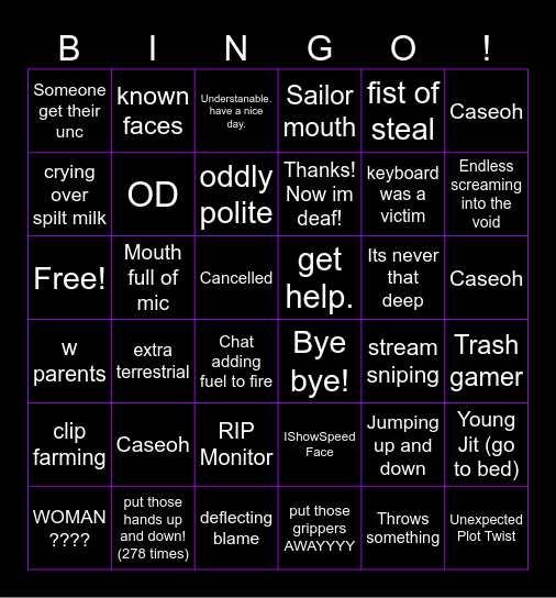 STREAMER RAGE BINGO Card