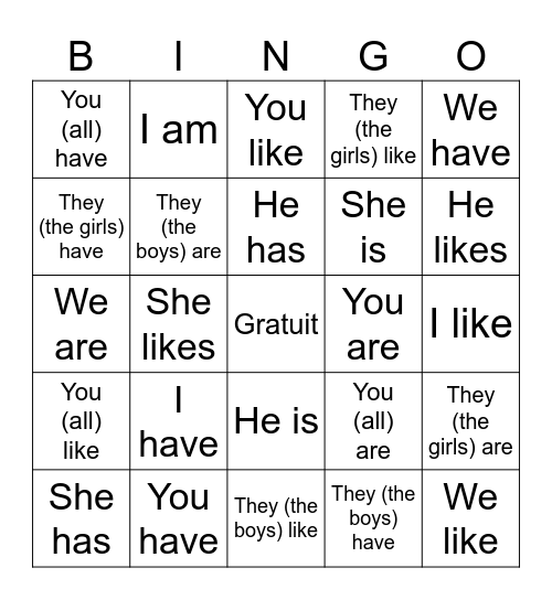Verbes avoir être aimer Bingo Card