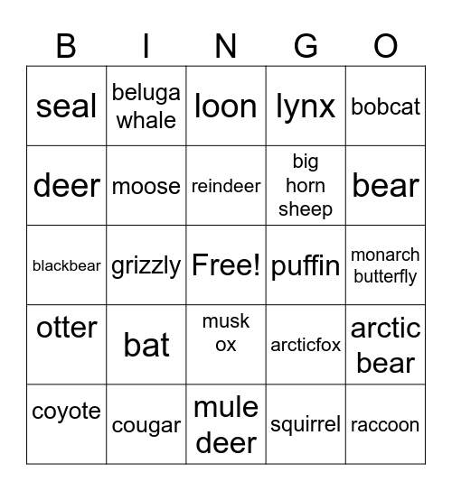 canada wildlife Bingo Card