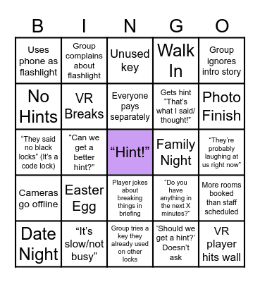 Escape Room Bingo Card