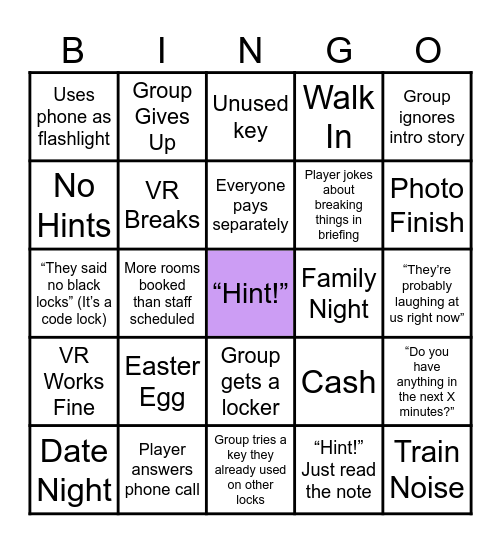 Escape Room Bingo Card