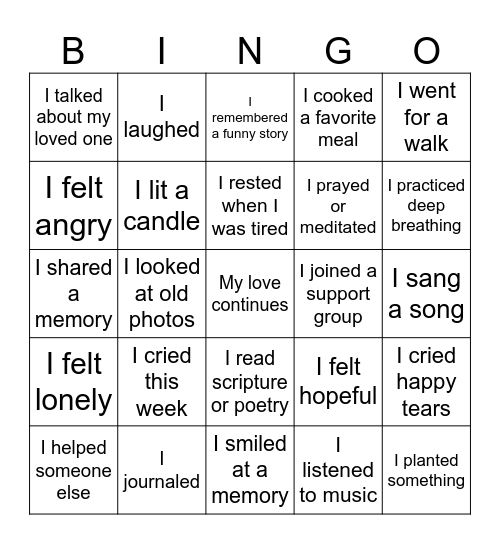 Your Grief Journey Bingo Card