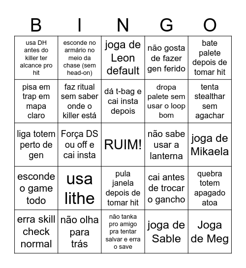 bingo de player ruim no DBD Bingo Card