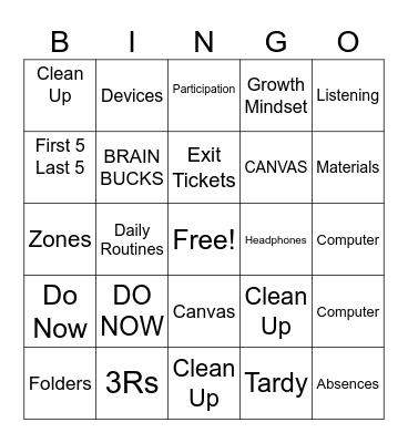 Routines and Expectations Bingo Card