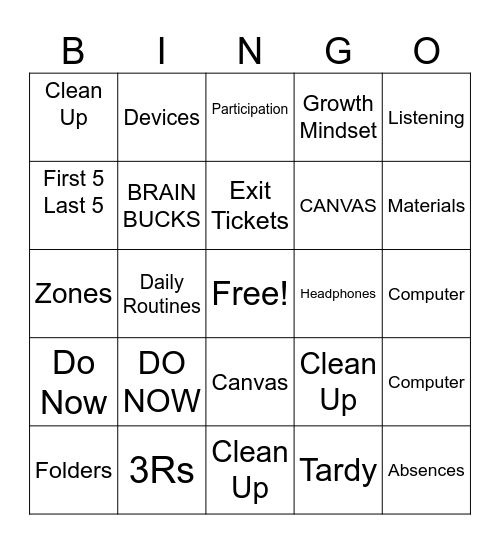 Routines and Expectations Bingo Card