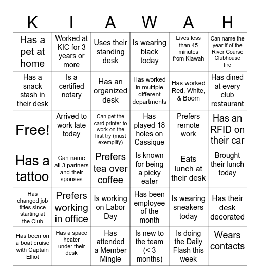 KIAWAH Bingo Card