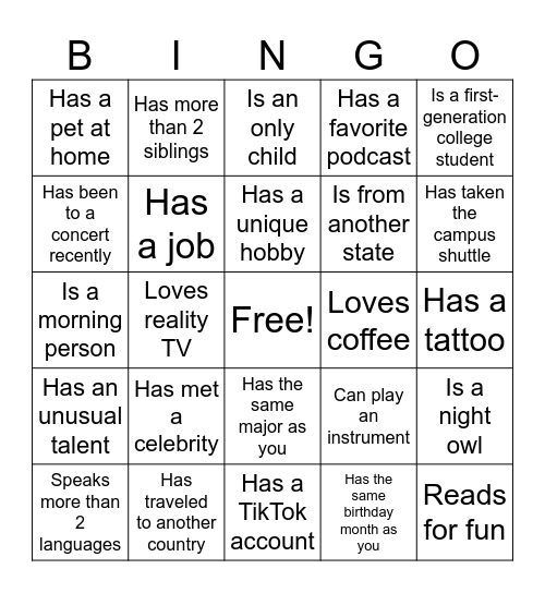 UNIV 1000 Bingo Card