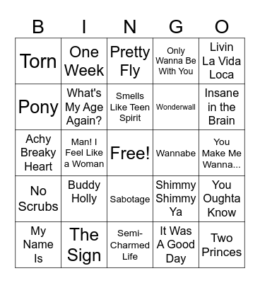 Shark Singo 90s Hits Bingo Card