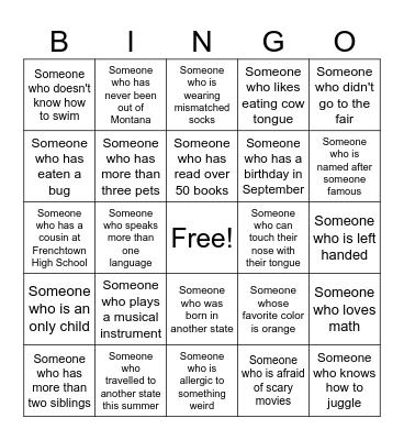 First Day Bingo Card