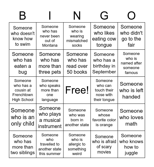 First Day Bingo Card