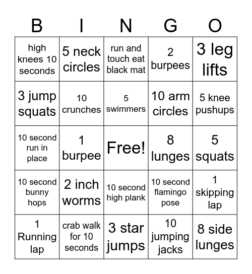 Fitness Bingo Card