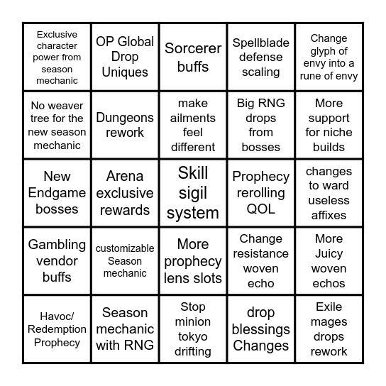 Next Season Bingo Card