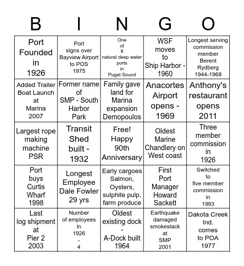 Port of Anacortes 90th Anniversary Bingo Card