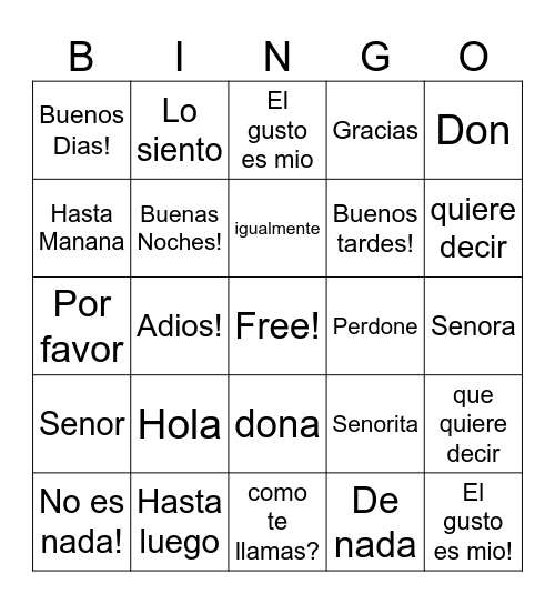 Greetings! Bingo Card