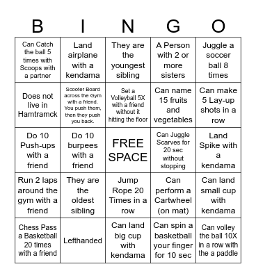Getting To Know You Physical Education Bingo Card