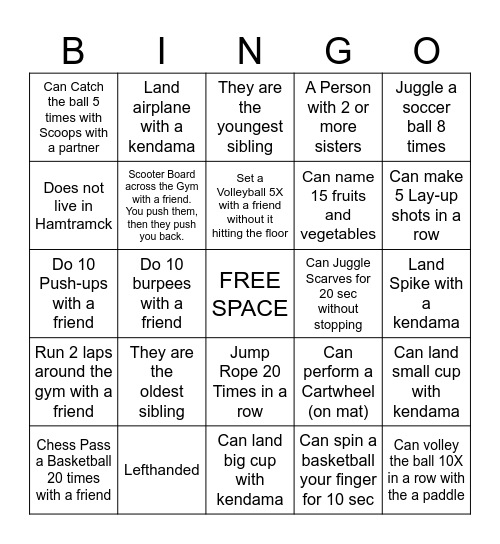 Getting To Know You Physical Education Bingo Card