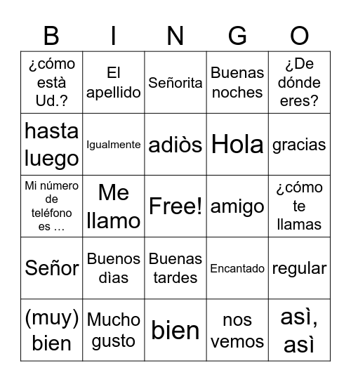 GREETINGS IN SPANISH Bingo Card