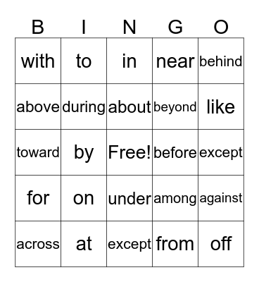 PREPOSITION BINGO Card