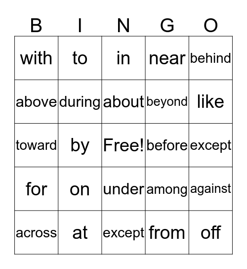 PREPOSITION BINGO Card
