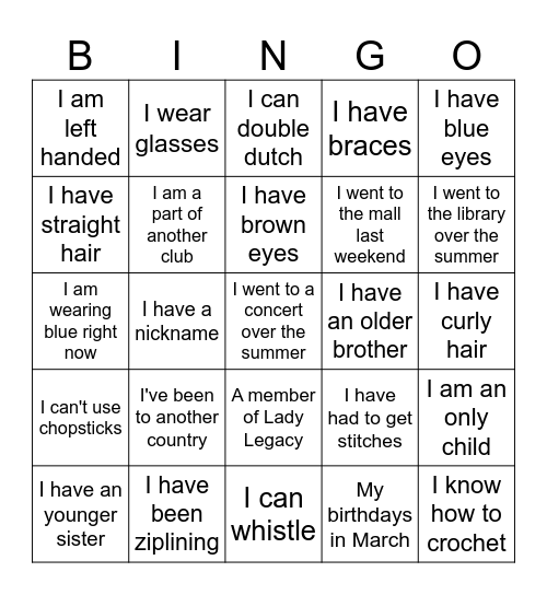 Lady Legacy Bingo Card