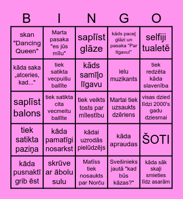 Martha's bachelorette party Bingo Card
