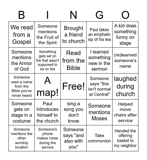 Central Avenue Fifth Family Sunday Bingo Card