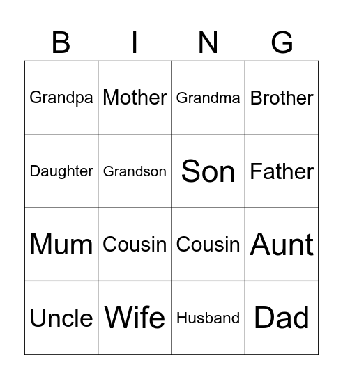 Family Bingo Card