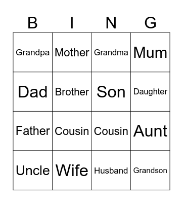 Family Bingo Card