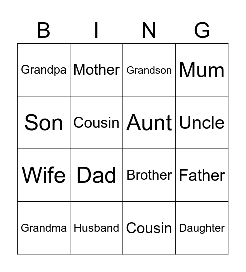 Family Bingo Card