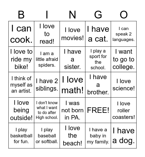 Get up N' Move Bingo! Bingo Card