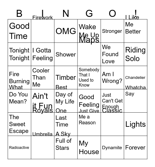 2010s Music Bingo Card