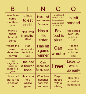 Cobber WBB Bingo Card