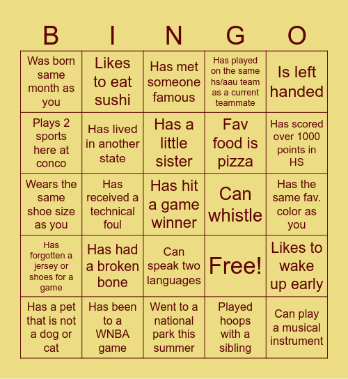 Cobber WBB Bingo Card