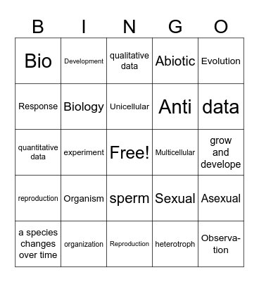 Intro to Science & Characteristics of Life Bingo Card