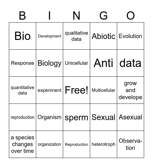 Intro to Science & Characteristics of Life Bingo Card