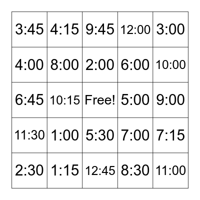 What time is it? Bingo Card