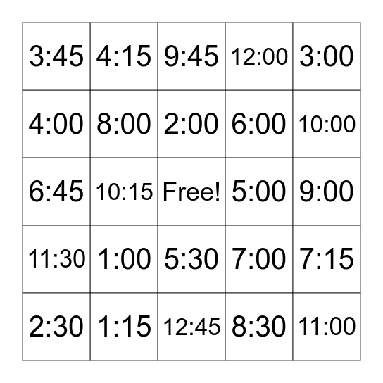 What time is it? Bingo Card