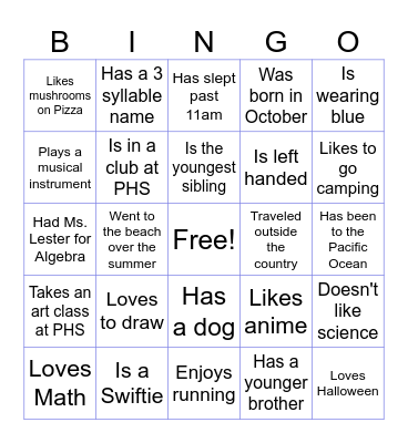 Student Bingo Card