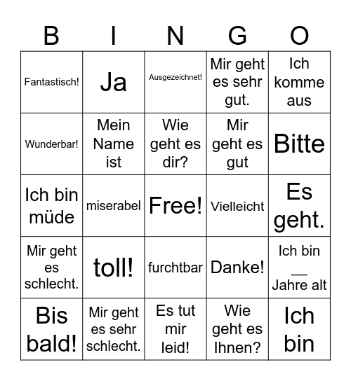German Greetings, Phrases, & Introductions Bingo Card