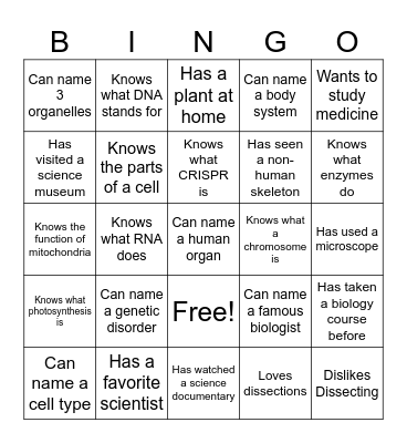 Biology Bingo Card